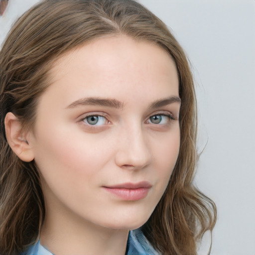 Neutral white young-adult female with long  brown hair and blue eyes