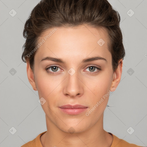 Neutral white young-adult female with short  brown hair and brown eyes