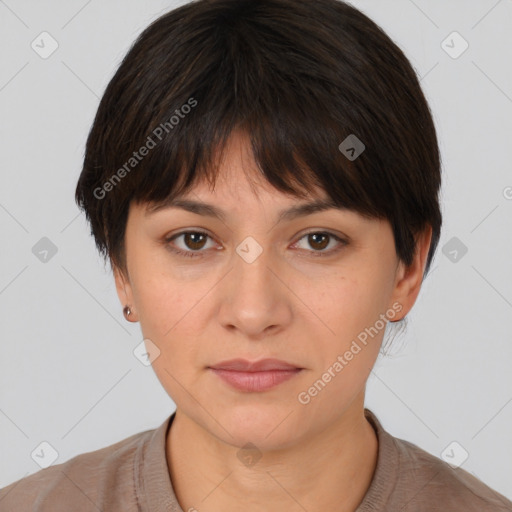 Neutral white young-adult female with short  brown hair and brown eyes