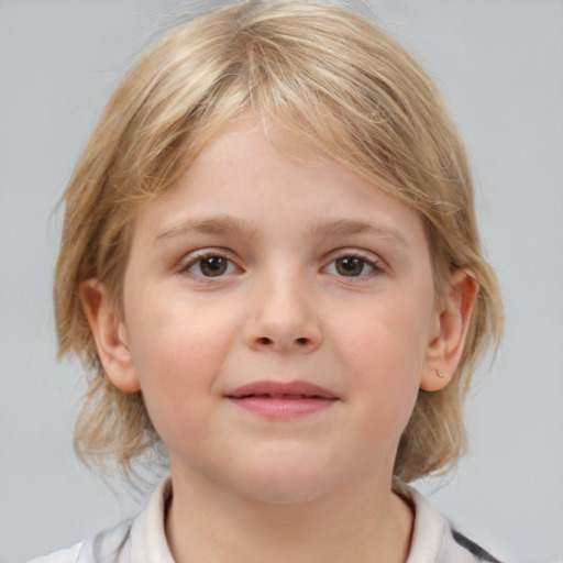 Joyful white child female with medium  brown hair and grey eyes