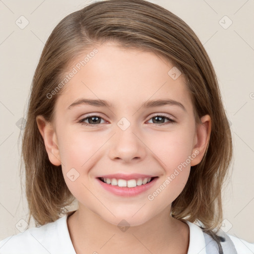 Joyful white child female with medium  brown hair and brown eyes