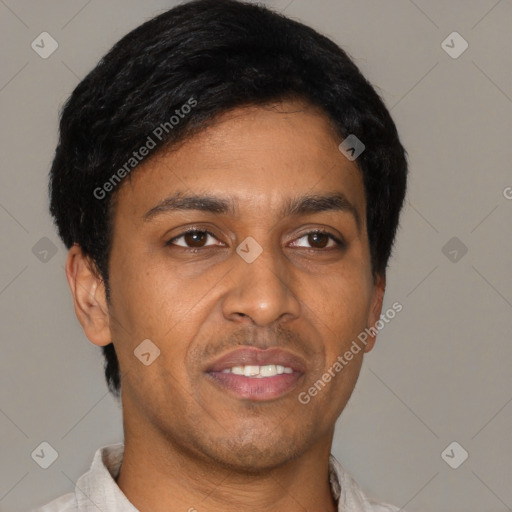 Joyful latino young-adult male with short  black hair and brown eyes