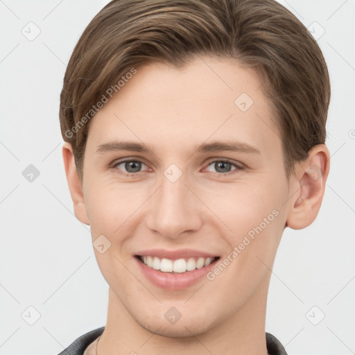 Joyful white young-adult female with short  brown hair and grey eyes