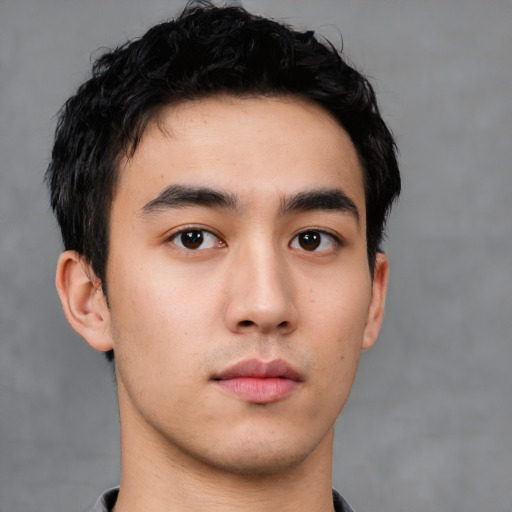 Neutral asian young-adult male with short  brown hair and brown eyes