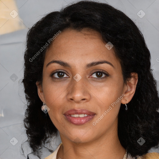 Joyful black young-adult female with medium  brown hair and brown eyes