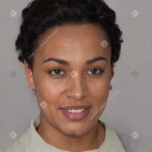 Joyful latino young-adult female with short  brown hair and brown eyes