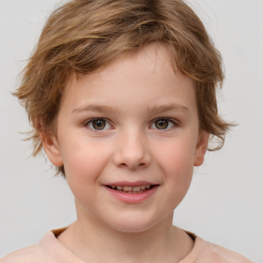 Joyful white child female with short  brown hair and grey eyes