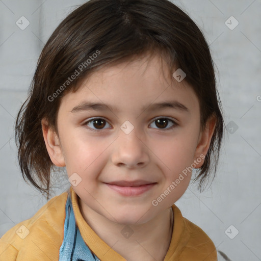 Joyful white child female with medium  brown hair and brown eyes