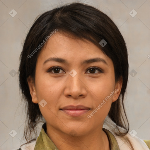 Joyful asian young-adult female with medium  brown hair and brown eyes