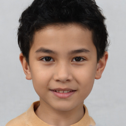 Joyful asian child male with short  brown hair and brown eyes