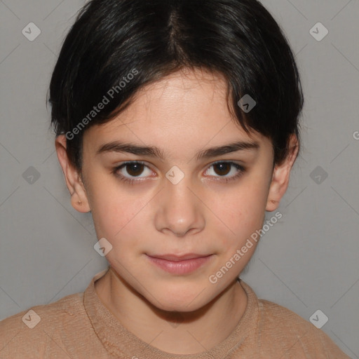 Joyful white child female with short  brown hair and brown eyes