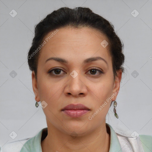 Joyful latino young-adult female with short  brown hair and brown eyes