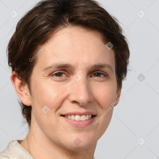 Joyful white adult female with short  brown hair and grey eyes