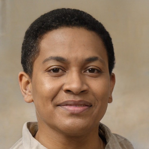 Joyful latino young-adult male with short  brown hair and brown eyes
