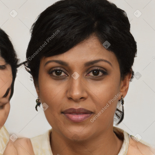 Joyful latino young-adult female with short  brown hair and brown eyes