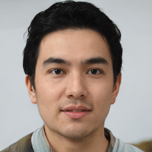 Neutral asian young-adult male with short  black hair and brown eyes