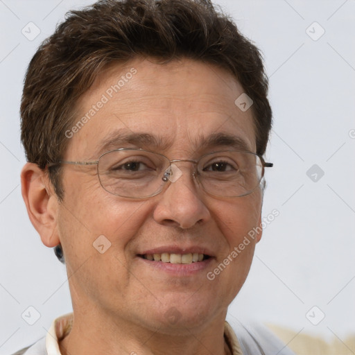 Joyful white middle-aged male with short  brown hair and brown eyes