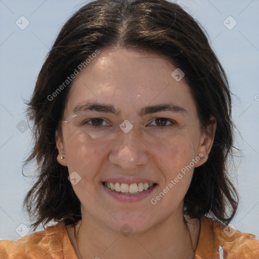 Joyful white young-adult female with medium  brown hair and brown eyes