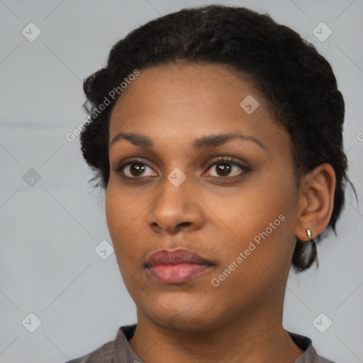 Neutral black young-adult female with short  black hair and brown eyes