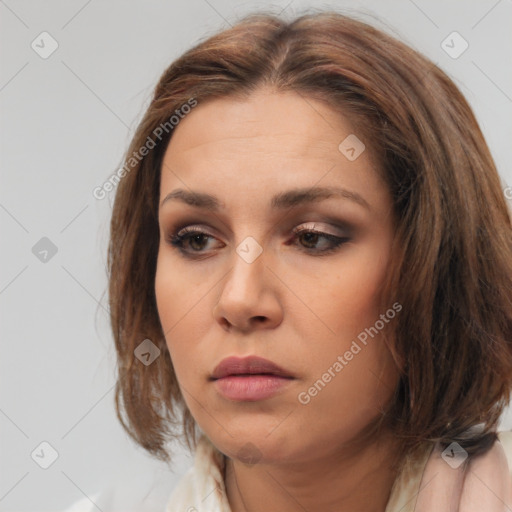 Neutral white young-adult female with medium  brown hair and brown eyes