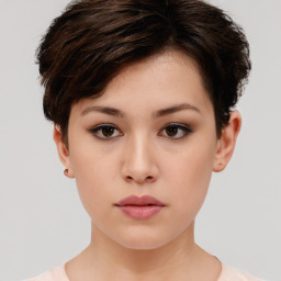 Neutral white young-adult female with short  brown hair and brown eyes