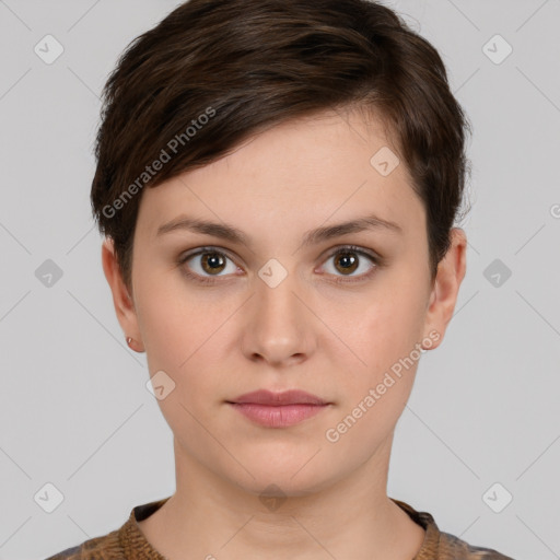 Neutral white young-adult female with short  brown hair and brown eyes