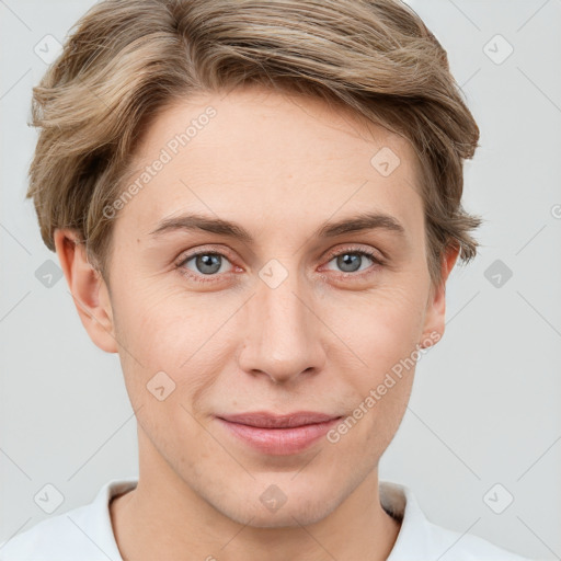 Joyful white young-adult female with short  brown hair and grey eyes