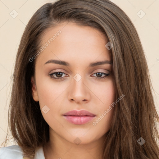 Neutral white young-adult female with long  brown hair and brown eyes