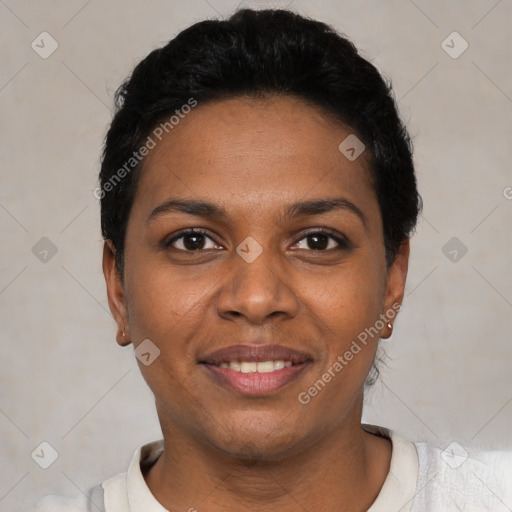 Joyful black young-adult female with short  black hair and brown eyes