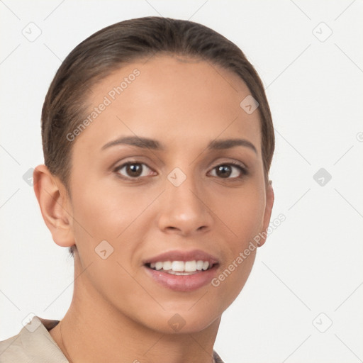 Joyful white young-adult female with short  brown hair and brown eyes