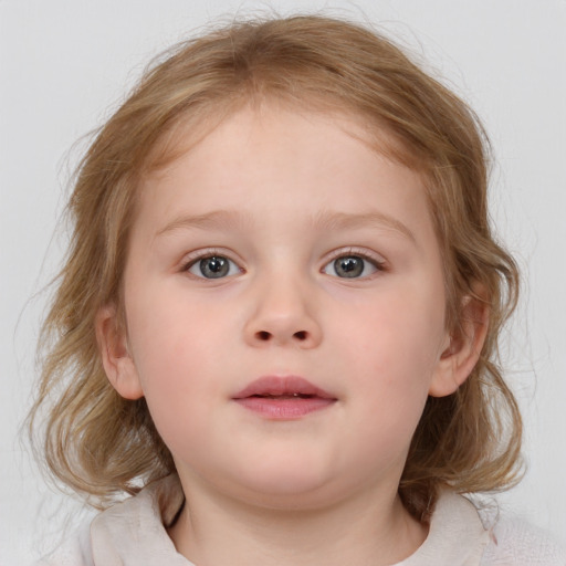 Neutral white child female with medium  brown hair and blue eyes