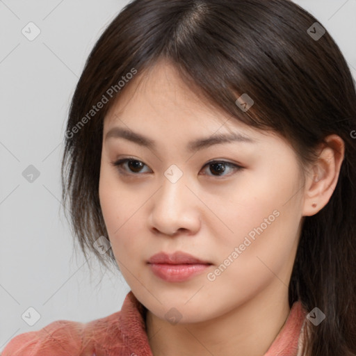 Neutral asian young-adult female with medium  brown hair and brown eyes