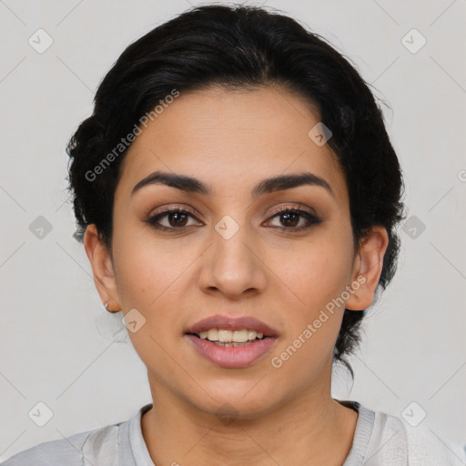 Joyful latino young-adult female with short  black hair and brown eyes