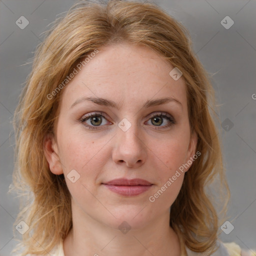 Joyful white young-adult female with medium  brown hair and blue eyes