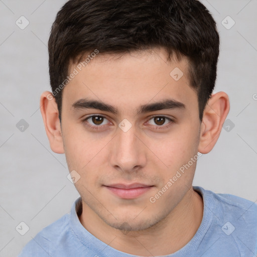 Neutral white young-adult male with short  brown hair and brown eyes