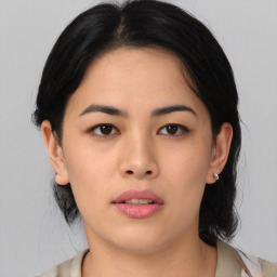 Neutral asian young-adult female with medium  black hair and brown eyes