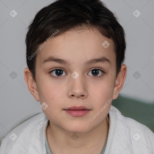 Joyful white child female with short  brown hair and brown eyes