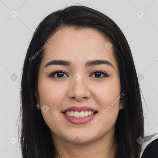 Joyful asian young-adult female with long  brown hair and brown eyes