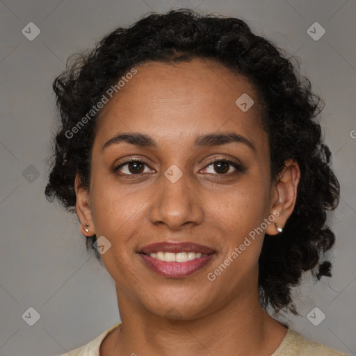 Joyful black young-adult female with medium  brown hair and brown eyes