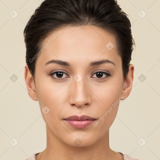 Neutral white young-adult female with short  brown hair and brown eyes