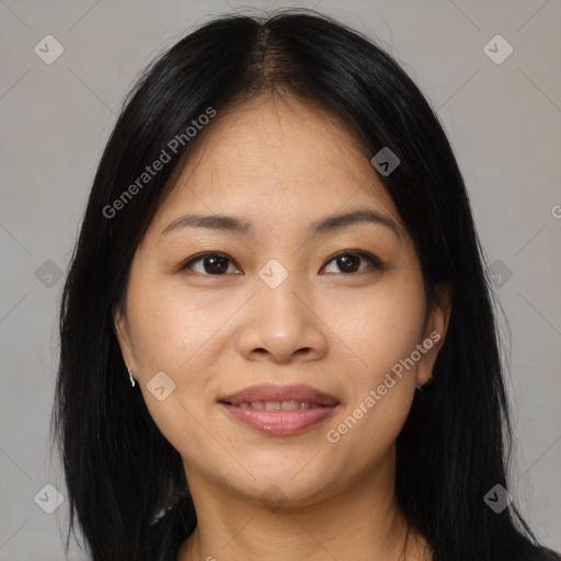 Joyful asian young-adult female with medium  brown hair and brown eyes