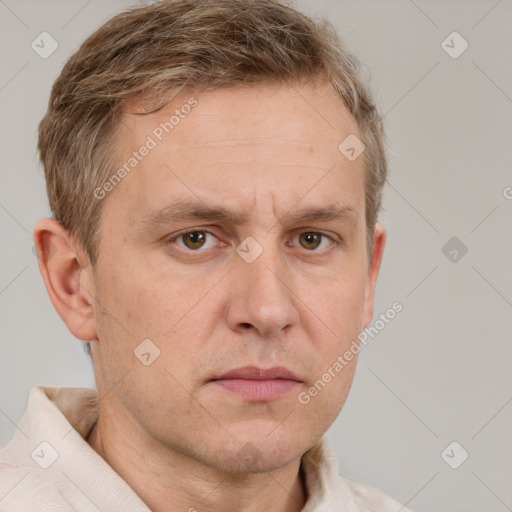 Neutral white adult male with short  brown hair and grey eyes