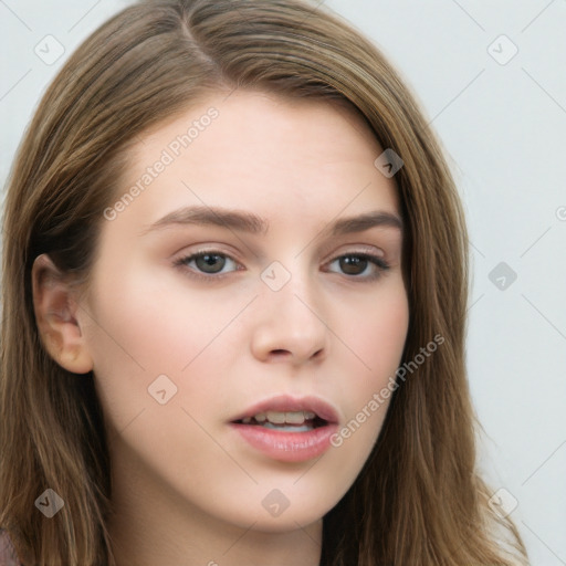 Neutral white young-adult female with long  brown hair and brown eyes