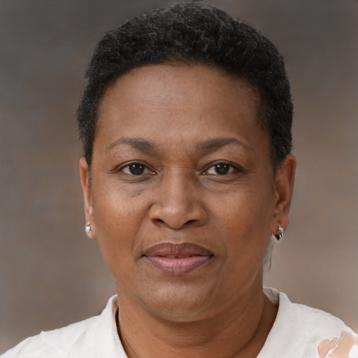 Joyful black adult female with short  black hair and brown eyes