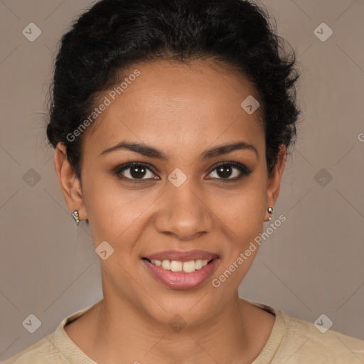 Joyful latino young-adult female with short  brown hair and brown eyes