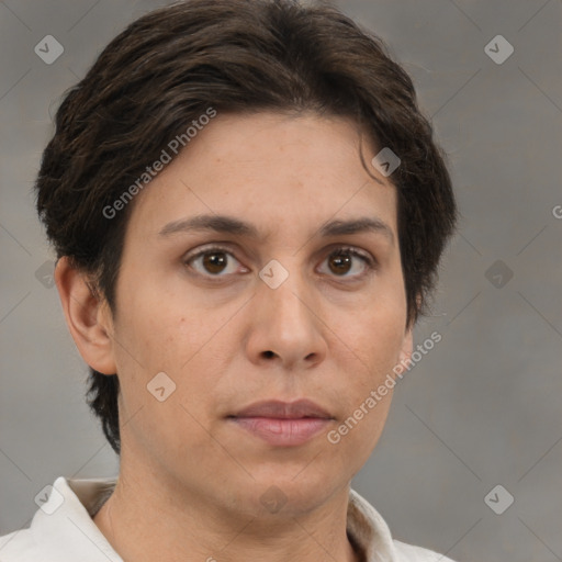 Joyful white adult female with short  brown hair and brown eyes