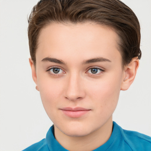 Neutral white young-adult female with short  brown hair and brown eyes