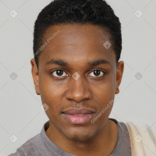 Neutral black young-adult male with short  black hair and brown eyes