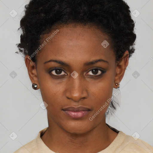 Neutral black young-adult female with short  black hair and brown eyes