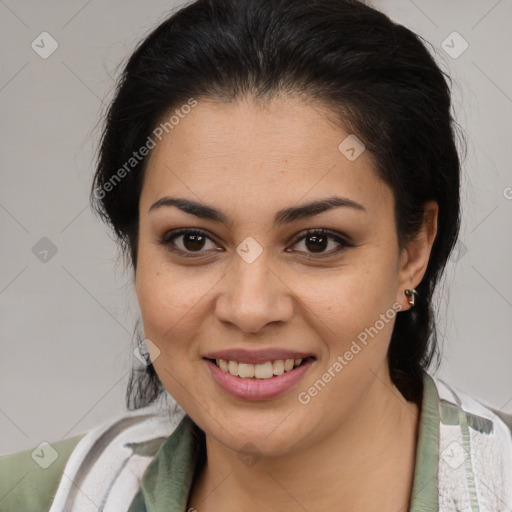 Joyful latino young-adult female with medium  brown hair and brown eyes